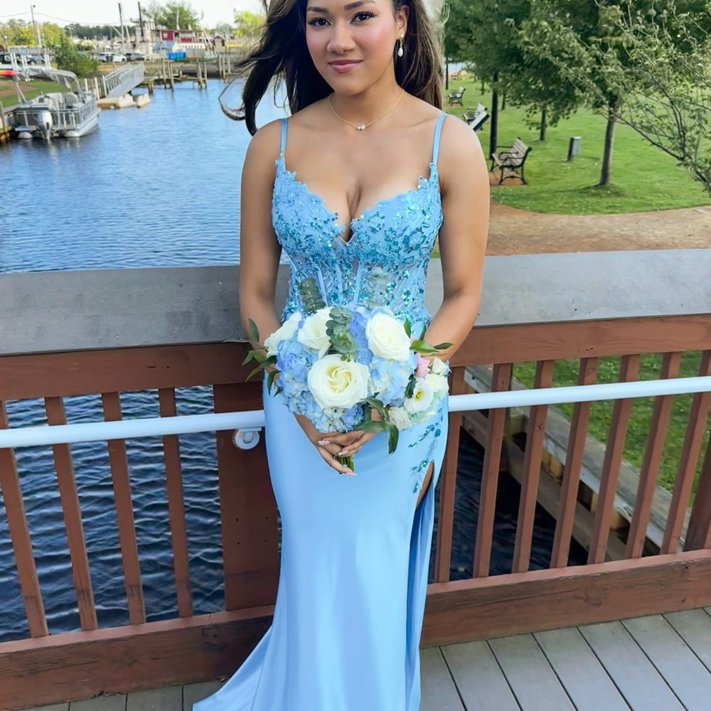 Sky Blue Embellished Spaghetti-Strap Prom Dress